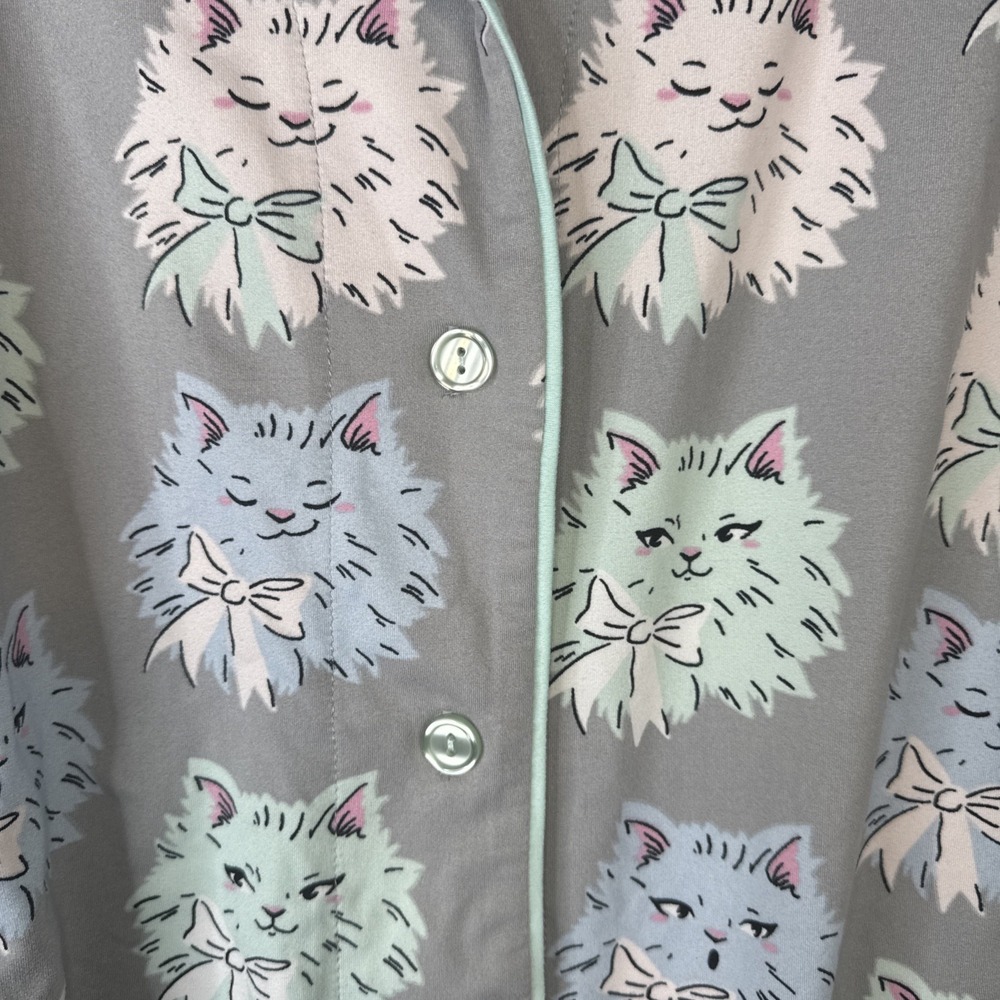 Munki Munki Pajama Set XL Gray Pastel Cat Face Bow Print Button Up Super Soft - Picture 10 of 11